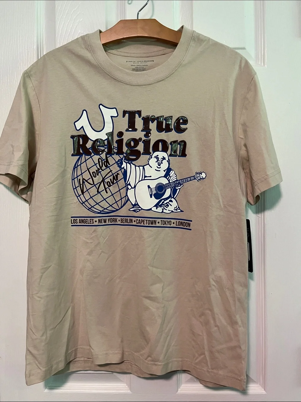 True Religion 109% Cotton Beige Graphic Globe & Buddha Tee